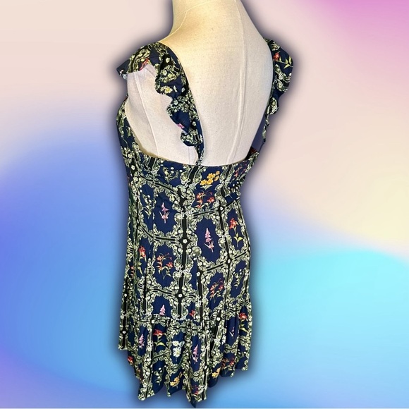 Agua Bendita for Target Navy Blue Floral Tile Print Ruffled Mini Dress Size S - Picture 11 of 16